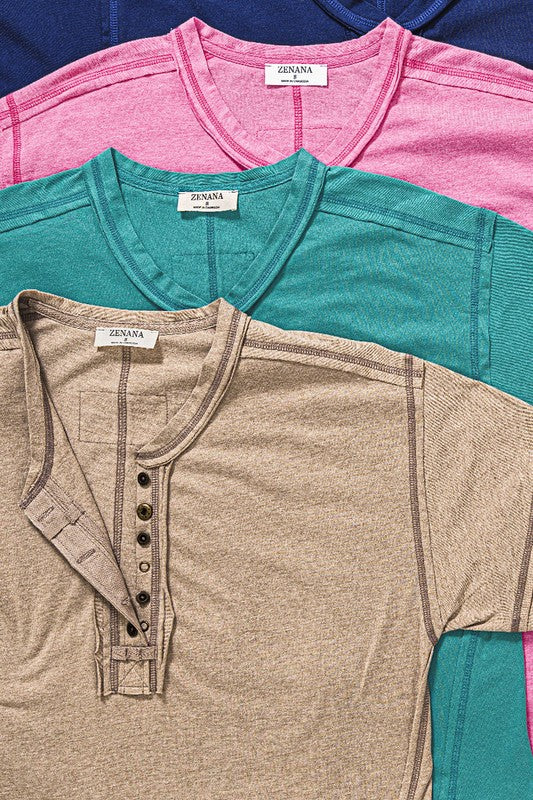 Zenana Clothing Raw Edge Detailed Button Closure Short Sleeve Top