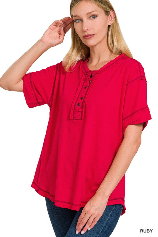 Zenana Clothing Raw Edge Detailed Button Closure Short Sleeve Top