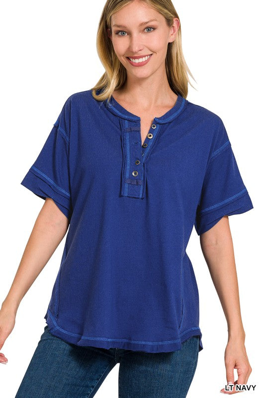 Zenana Clothing Raw Edge Detailed Button Closure Short Sleeve Top