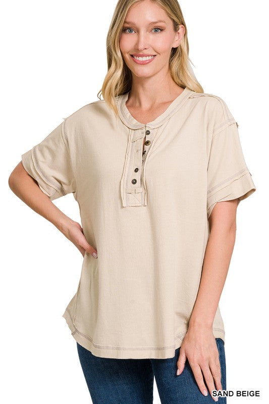 Zenana Clothing Raw Edge Detailed Button Closure Short Sleeve Top
