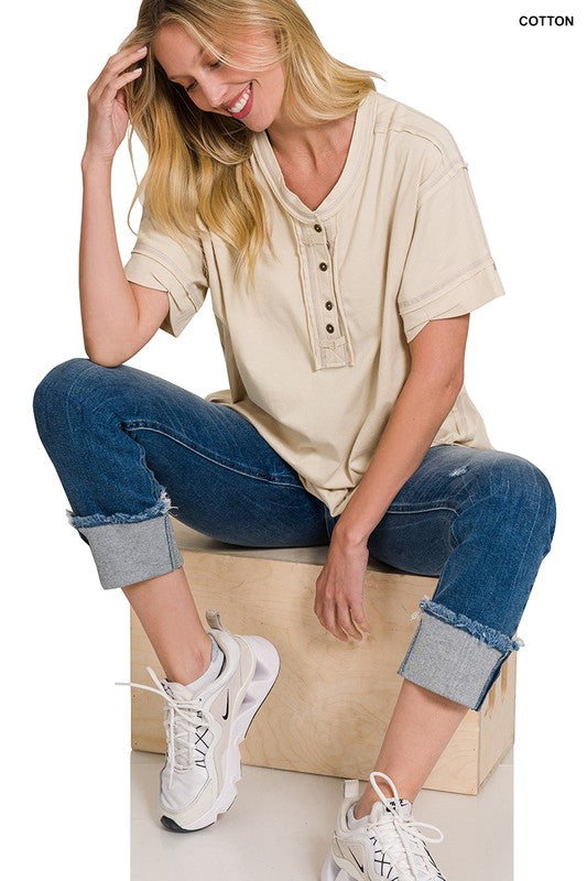Zenana Clothing Raw Edge Detailed Button Closure Short Sleeve Top
