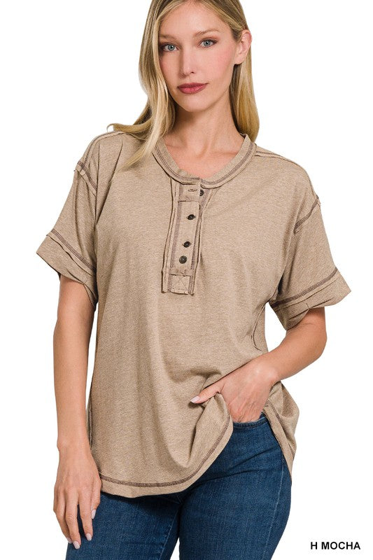 Zenana Clothing Raw Edge Detailed Button Closure Short Sleeve Top