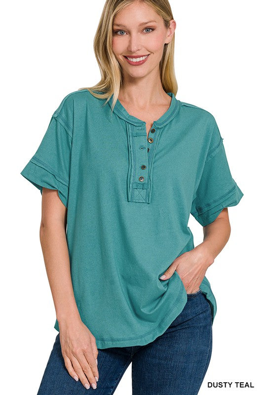 Zenana Clothing Raw Edge Detailed Button Closure Short Sleeve Top