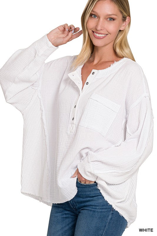 Zenana Clothing Double Gauze Oversized 3/4 Button Henley Neck Top