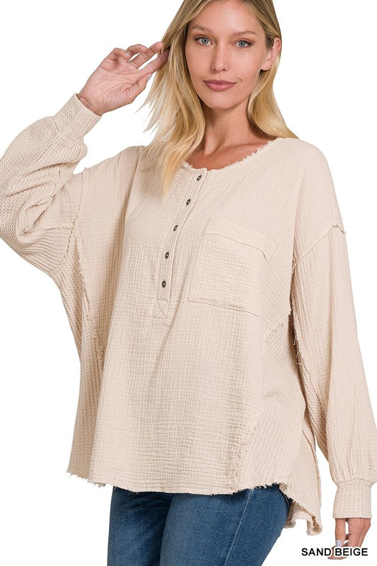 Zenana Clothing Double Gauze Oversized 3/4 Button Henley Neck Top