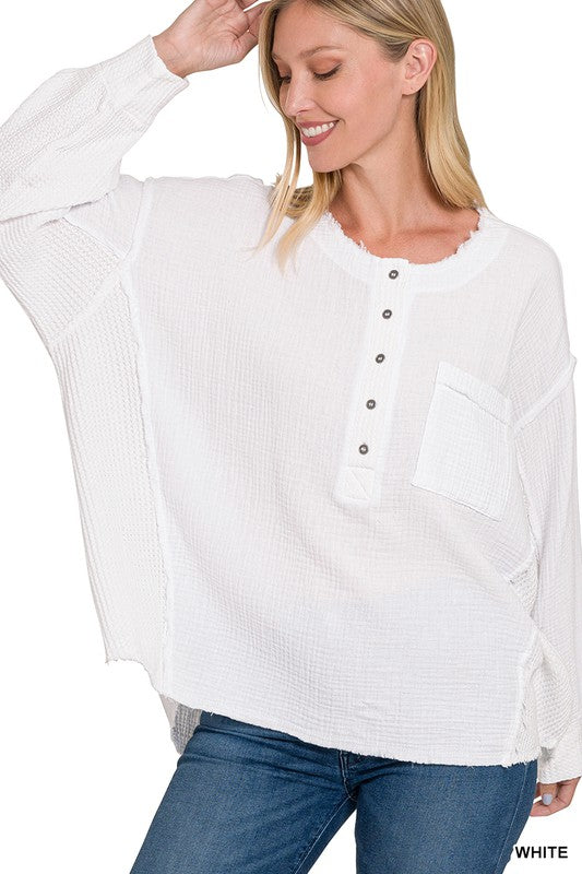 Zenana Clothing Double Gauze Oversized 3/4 Button Henley Neck Top