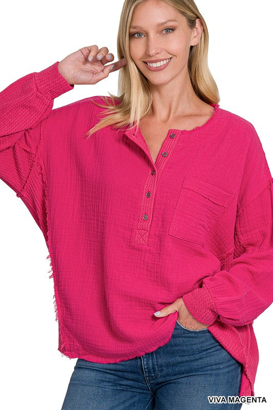 Zenana Clothing Double Gauze Oversized 3/4 Button Henley Neck Top