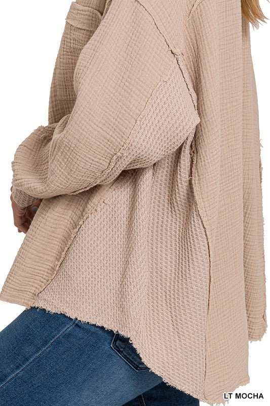 Zenana Clothing Double Gauze Oversized 3/4 Button Henley Neck Top