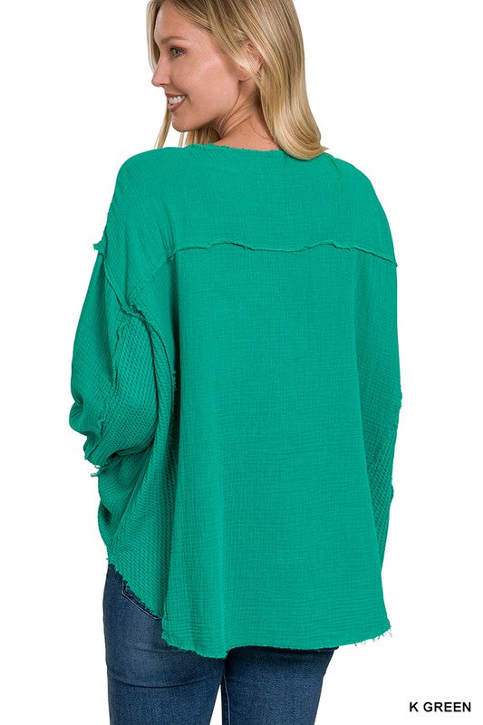 Zenana Clothing Double Gauze Oversized 3/4 Button Henley Neck Top