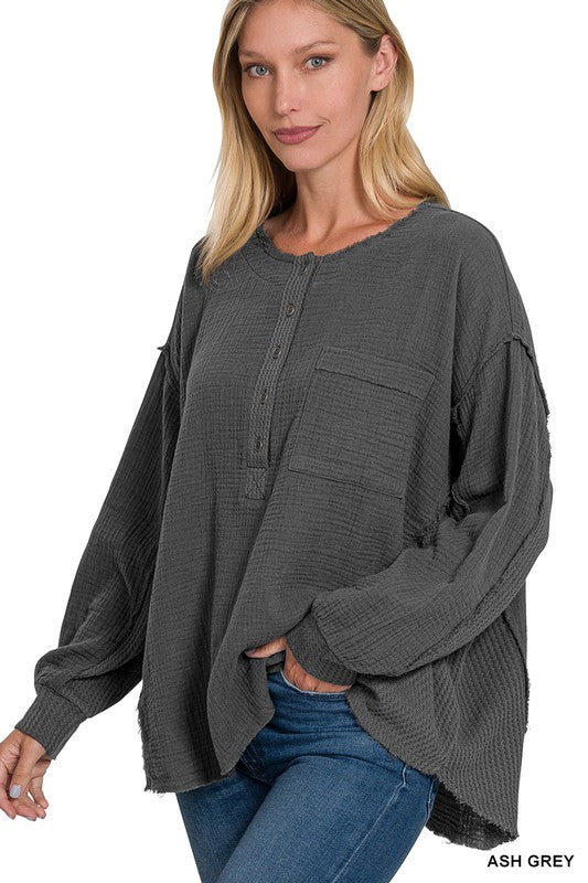 Zenana Clothing Double Gauze Oversized 3/4 Button Henley Neck Top