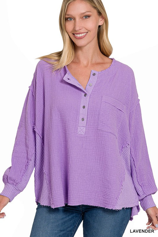 Zenana Clothing Double Gauze Oversized 3/4 Button Henley Neck Top