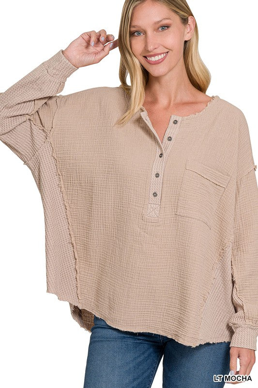 Zenana Clothing Double Gauze Oversized 3/4 Button Henley Neck Top