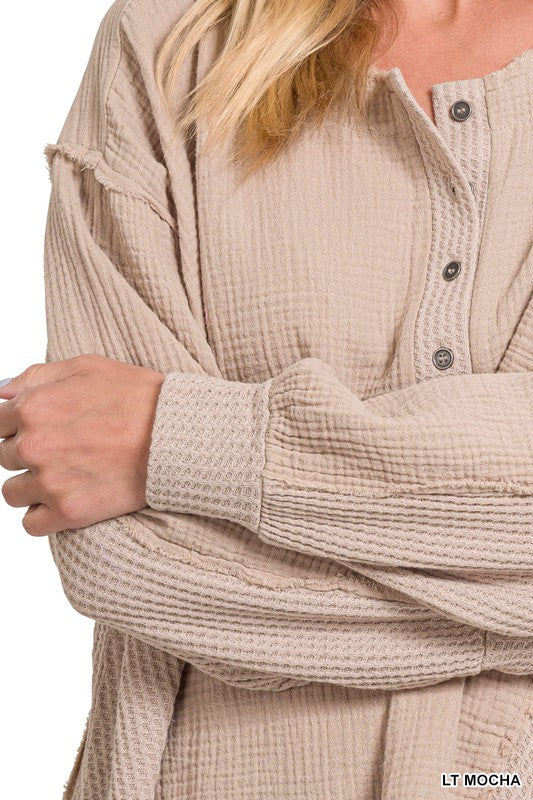 Zenana Clothing Double Gauze Oversized 3/4 Button Henley Neck Top