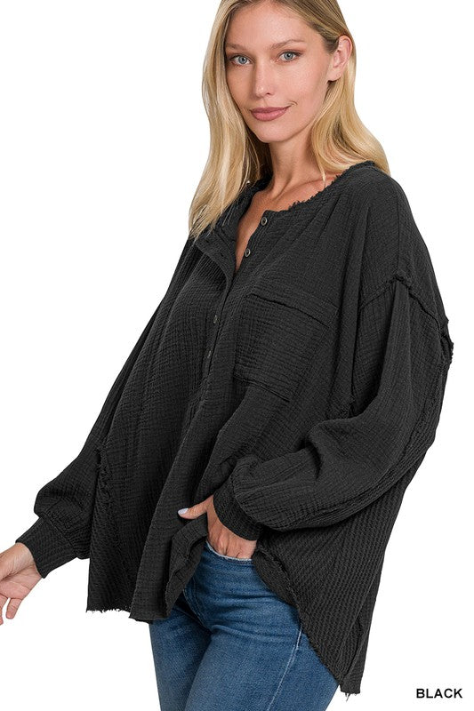 Zenana Clothing Double Gauze Oversized 3/4 Button Henley Neck Top