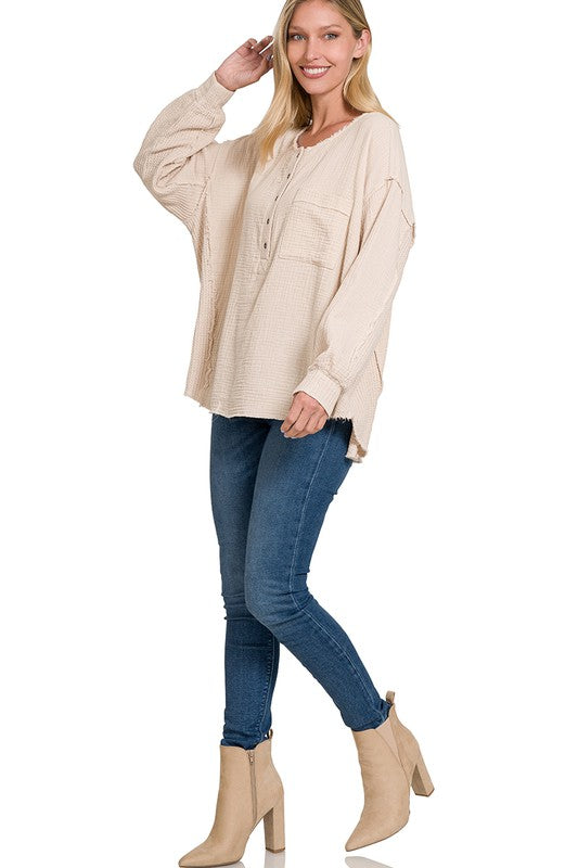 Zenana Clothing Double Gauze Oversized 3/4 Button Henley Neck Top