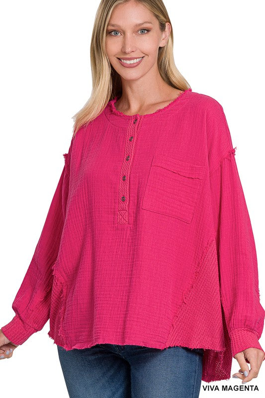 Zenana Clothing Double Gauze Oversized 3/4 Button Henley Neck Top