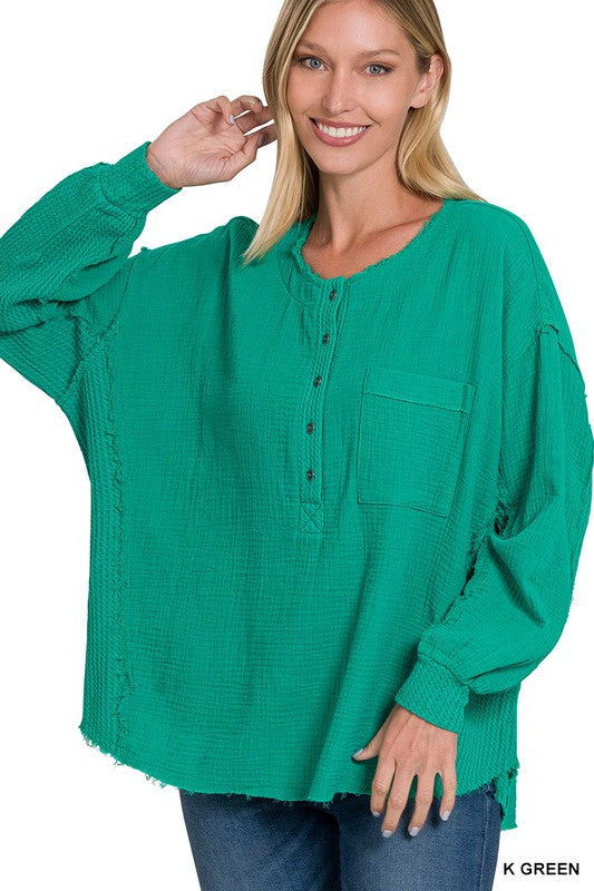 Zenana Clothing Double Gauze Oversized 3/4 Button Henley Neck Top
