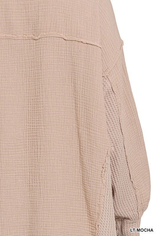 Zenana Clothing Double Gauze Oversized 3/4 Button Henley Neck Top