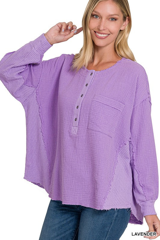Zenana Clothing Double Gauze Oversized 3/4 Button Henley Neck Top