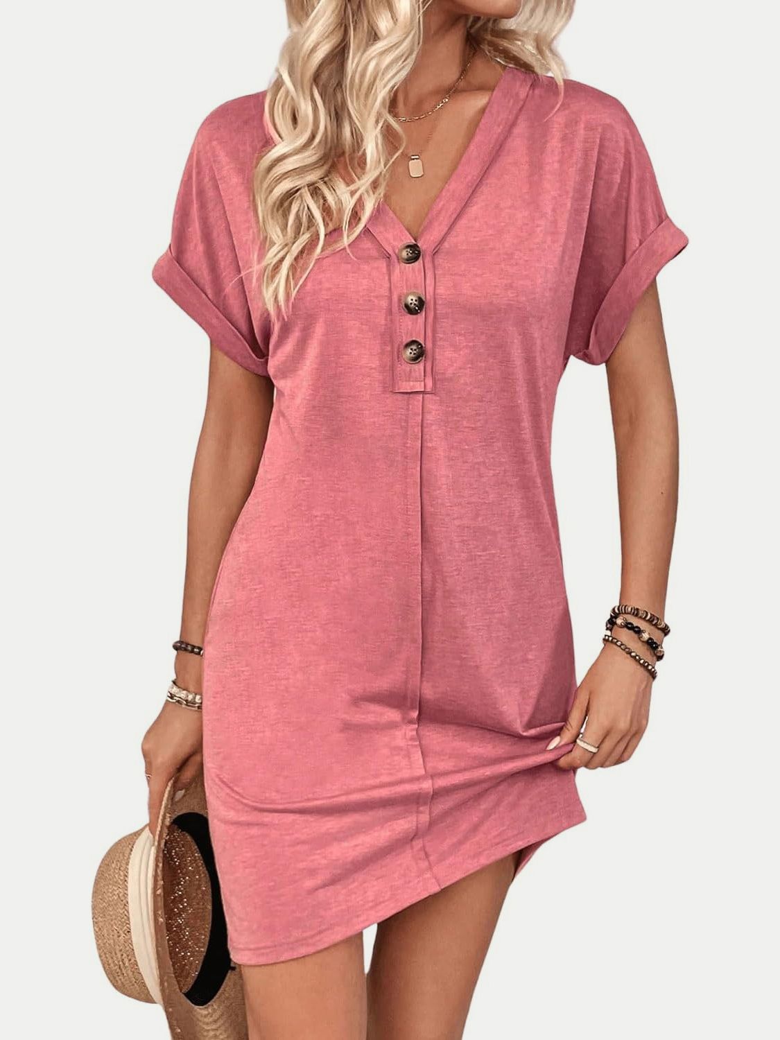 Blueberi B Women’s Quarter Button V-Neck Short Sleeve Dress Polyester Size S-XL