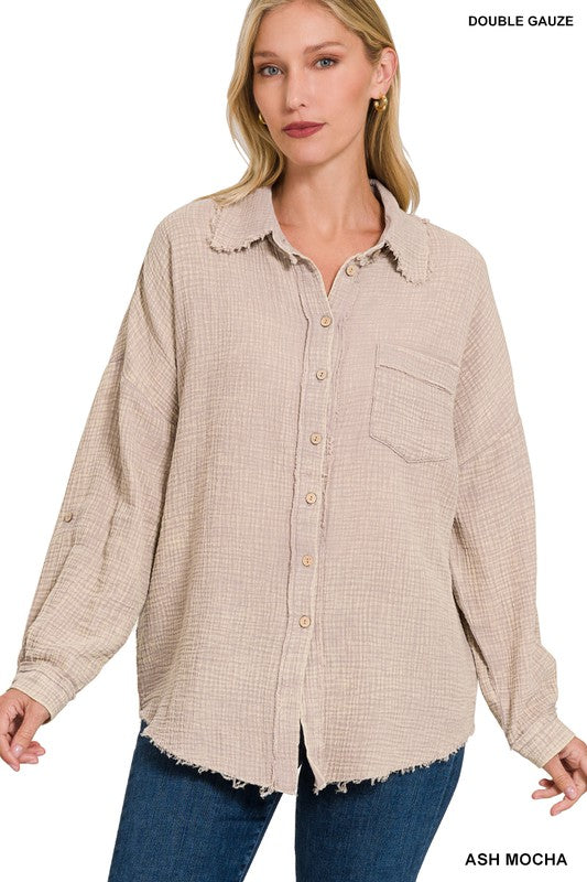 Zenana Clothing Washed Double Gauze Button Down Shirt