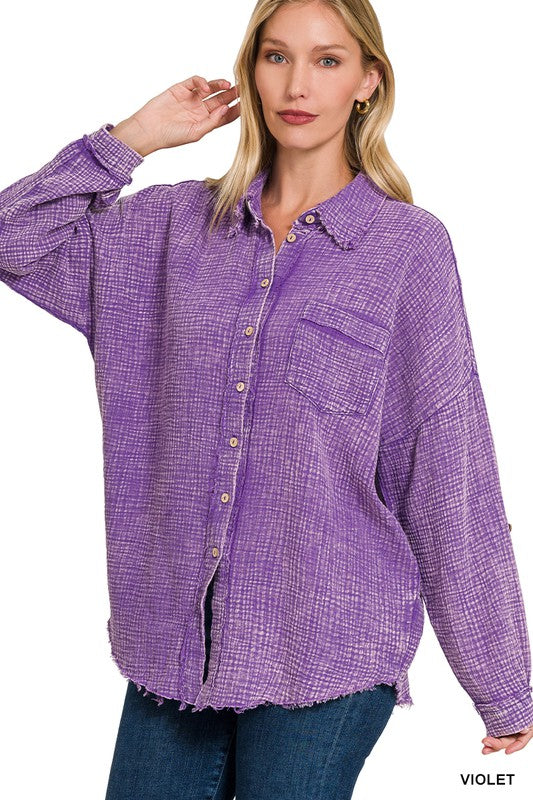 Zenana Clothing Washed Double Gauze Button Down Shirt