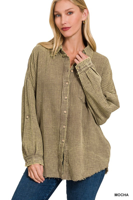Zenana Clothing Washed Double Gauze Button Down Shirt