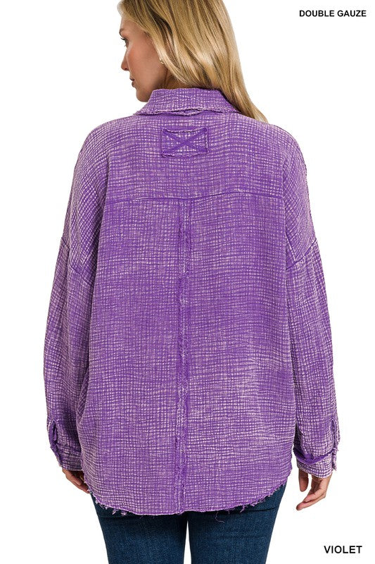 Zenana Clothing Washed Double Gauze Button Down Shirt