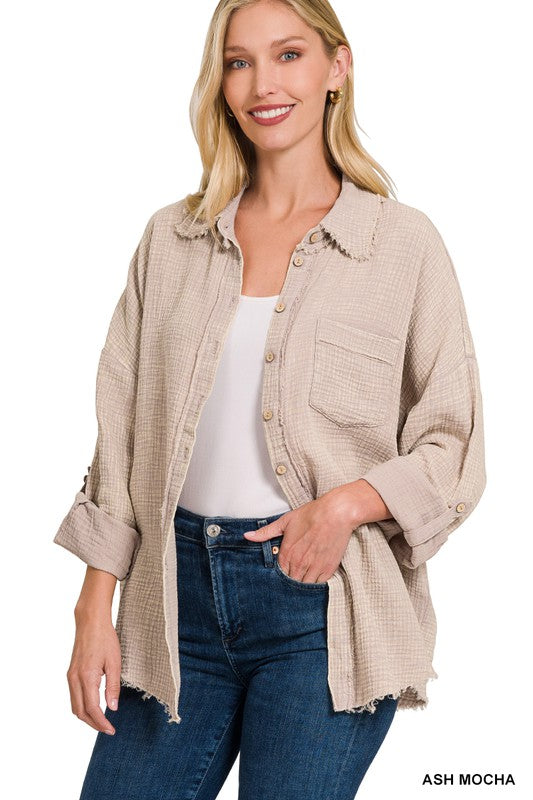 Zenana Clothing Washed Double Gauze Button Down Shirt