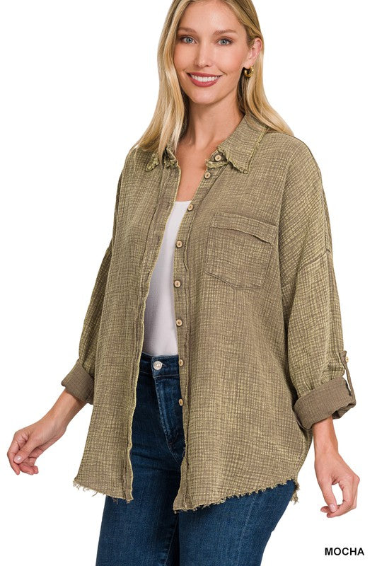 Zenana Clothing Washed Double Gauze Button Down Shirt