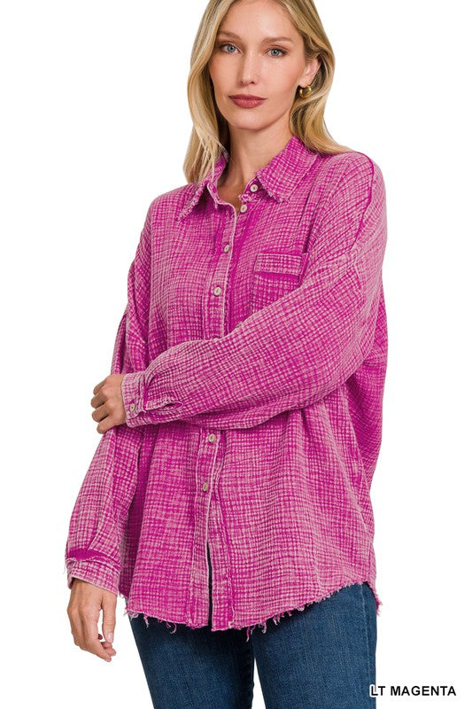Zenana Clothing Washed Double Gauze Button Down Shirt
