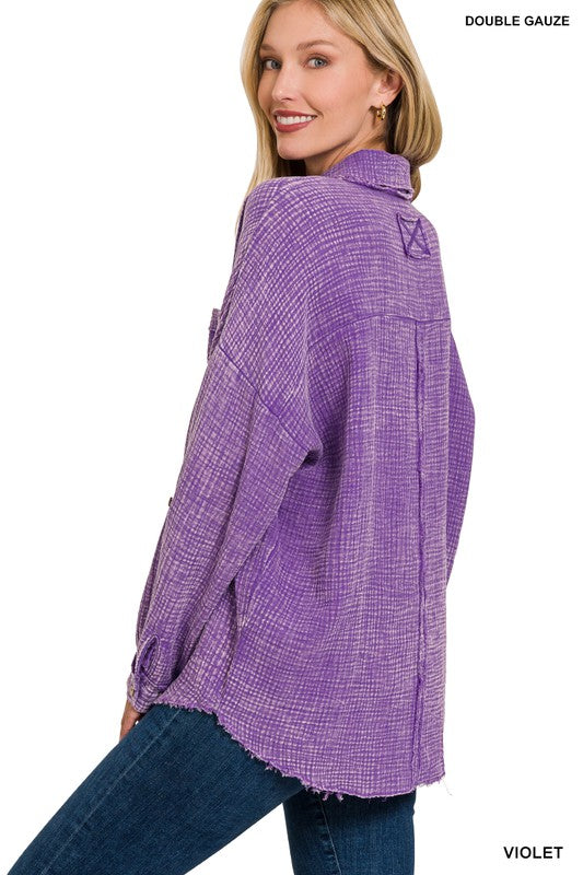 Zenana Clothing Washed Double Gauze Button Down Shirt