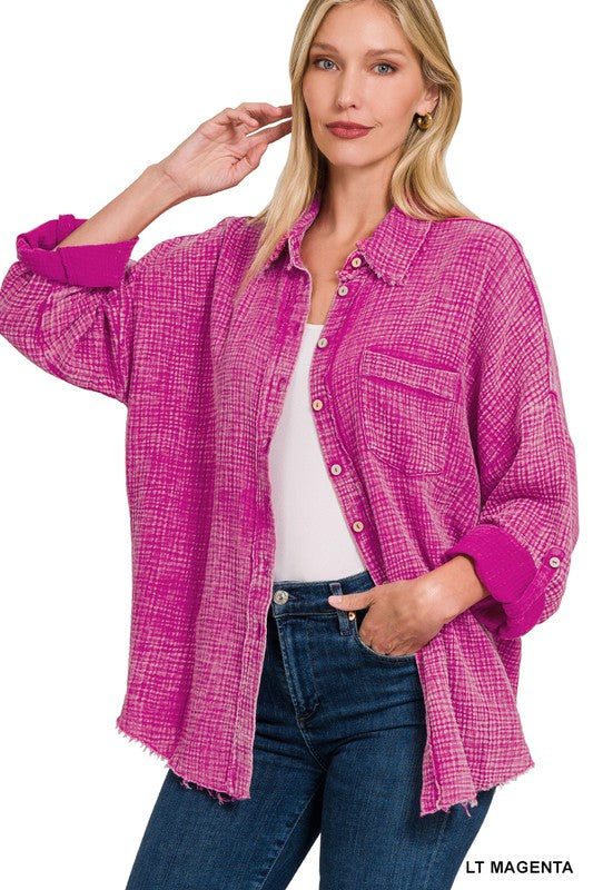 Zenana Clothing Washed Double Gauze Button Down Shirt