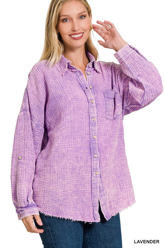 Zenana Clothing Washed Double Gauze Button Down Shirt