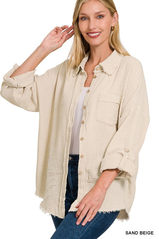 Zenana Clothing Washed Double Gauze Button Down Shirt