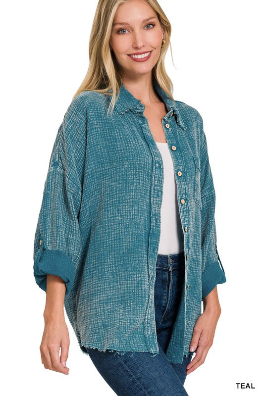 Zenana Clothing Washed Double Gauze Button Down Shirt
