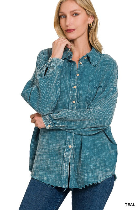 Zenana Clothing Washed Double Gauze Button Down Shirt