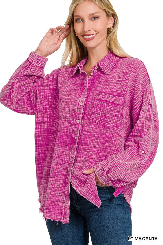 Zenana Clothing Washed Double Gauze Button Down Shirt