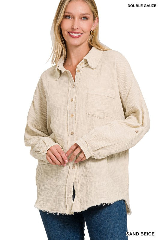 Zenana Clothing Washed Double Gauze Button Down Shirt