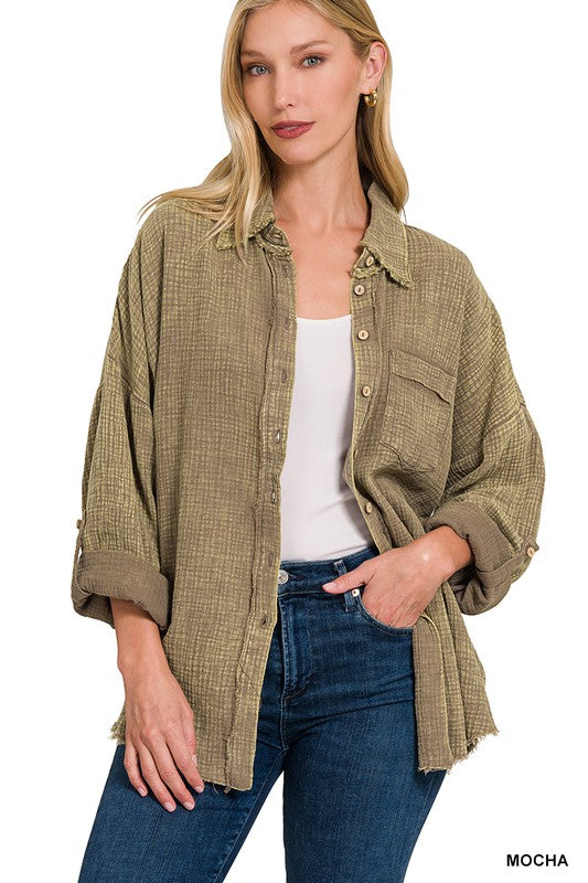Zenana Clothing Washed Double Gauze Button Down Shirt