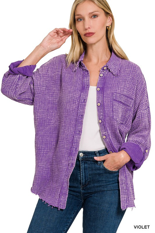 Zenana Clothing Washed Double Gauze Button Down Shirt