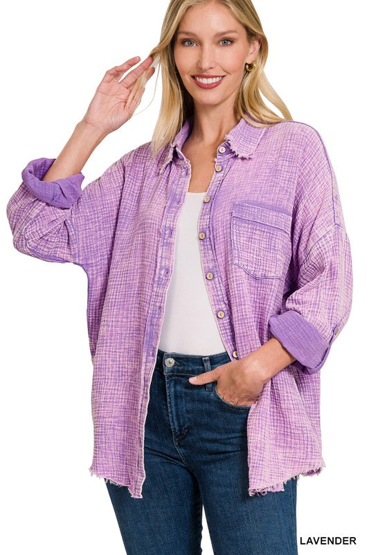 Zenana Clothing Washed Double Gauze Button Down Shirt