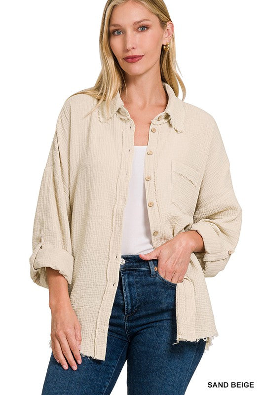 Zenana Clothing Washed Double Gauze Button Down Shirt