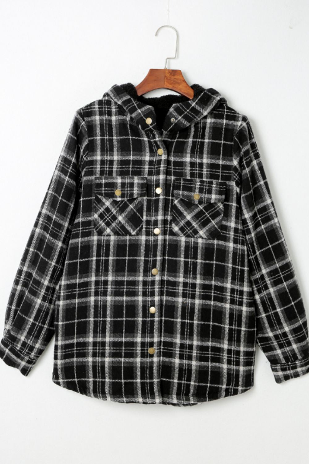 Blueberi B Women’s Plaid Button Up Long Sleeve Hooded Jacket Polyester Size S-2XL