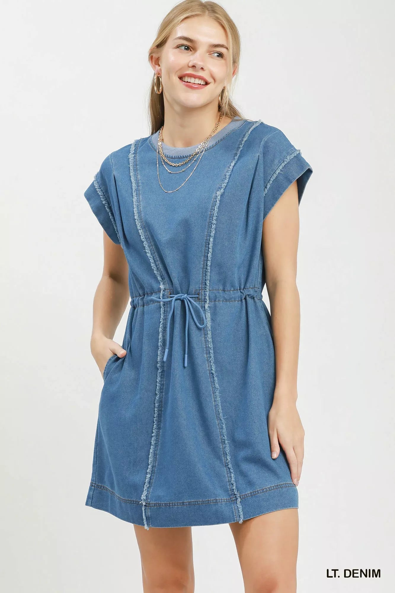 Umgee Drawstring Waist Frayed Denim Mini Dress LT. Denim / L