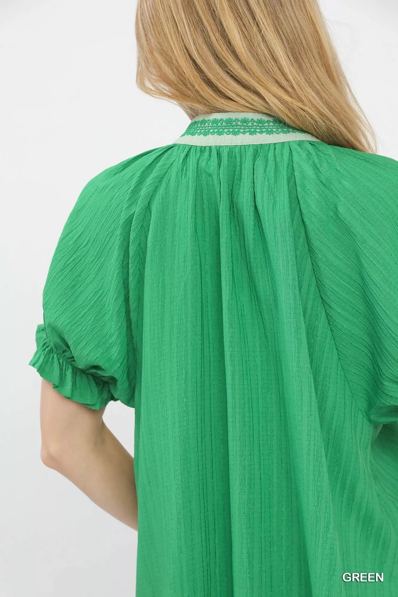 Umgee green textured v-neck top with detailed lace trim collar