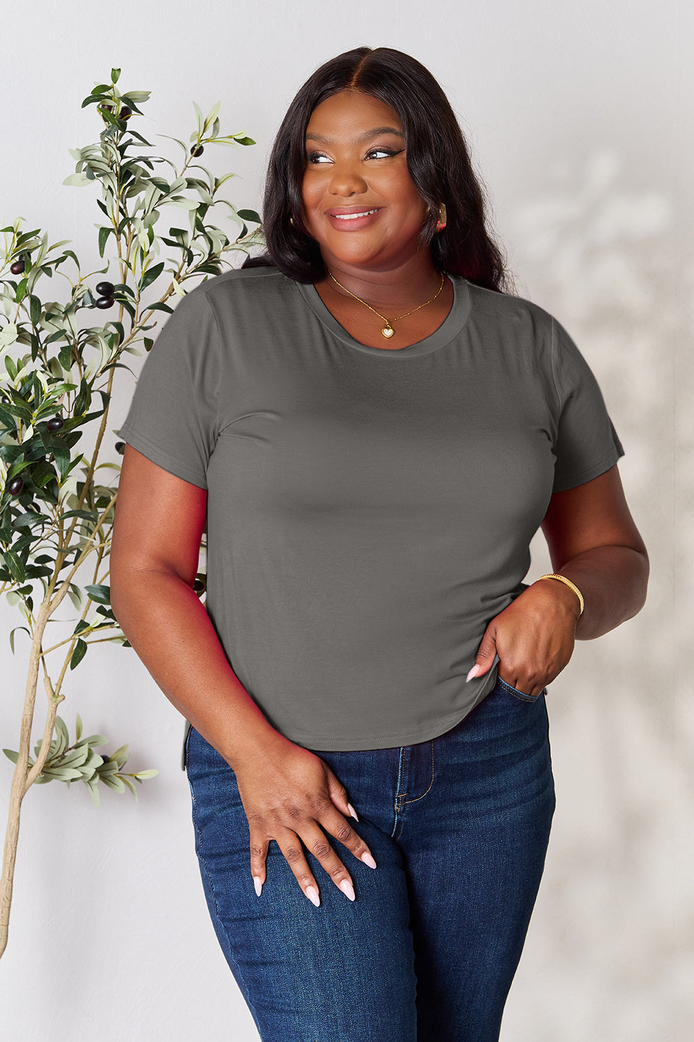 Basic Bae Women’s Full Size Round Neck Short Sleeve T-Shirt Rayon Spandex Size S-3XL