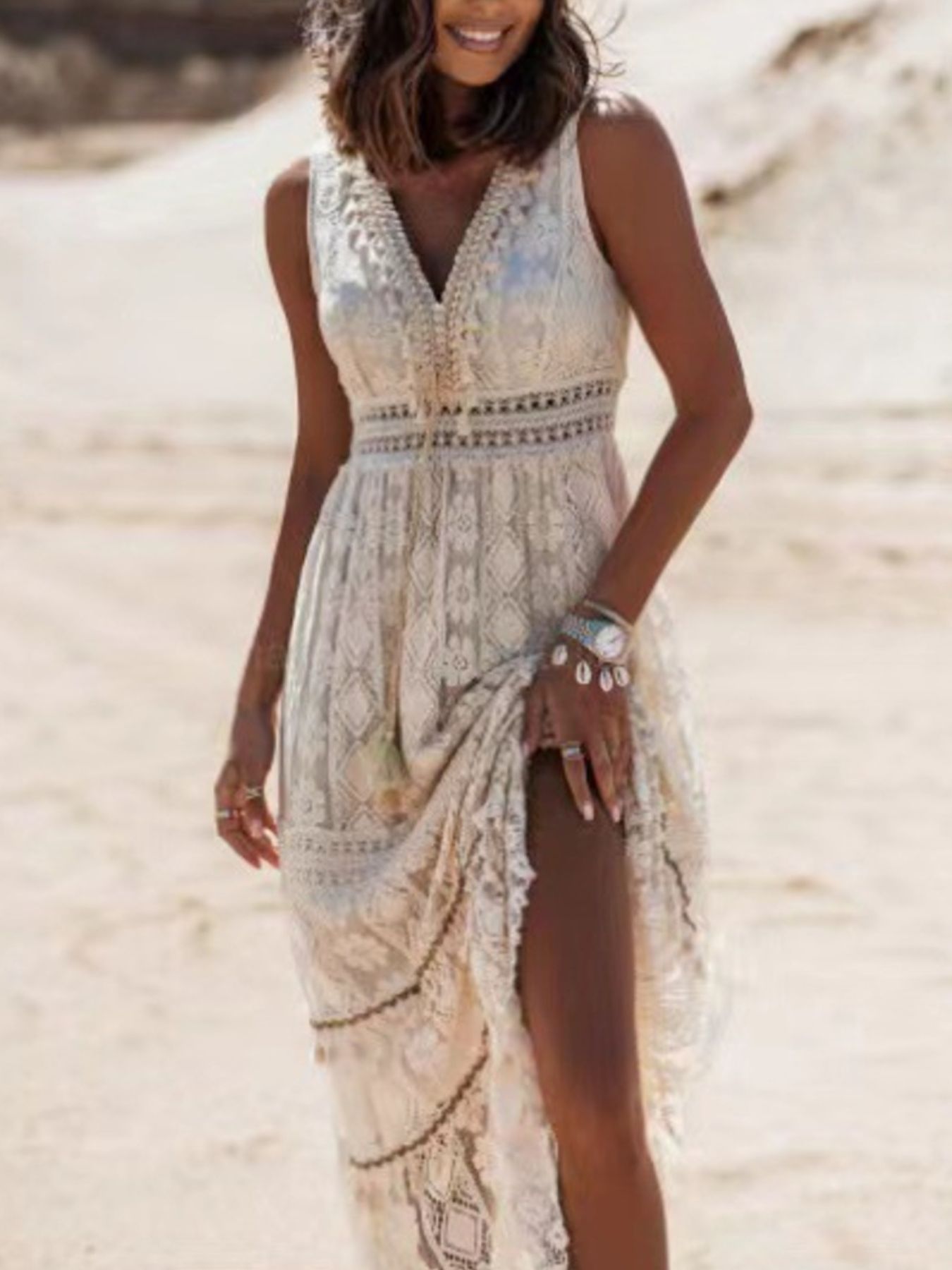 Lace V-Neck Sleeveless Maxi Dress Apricot / M