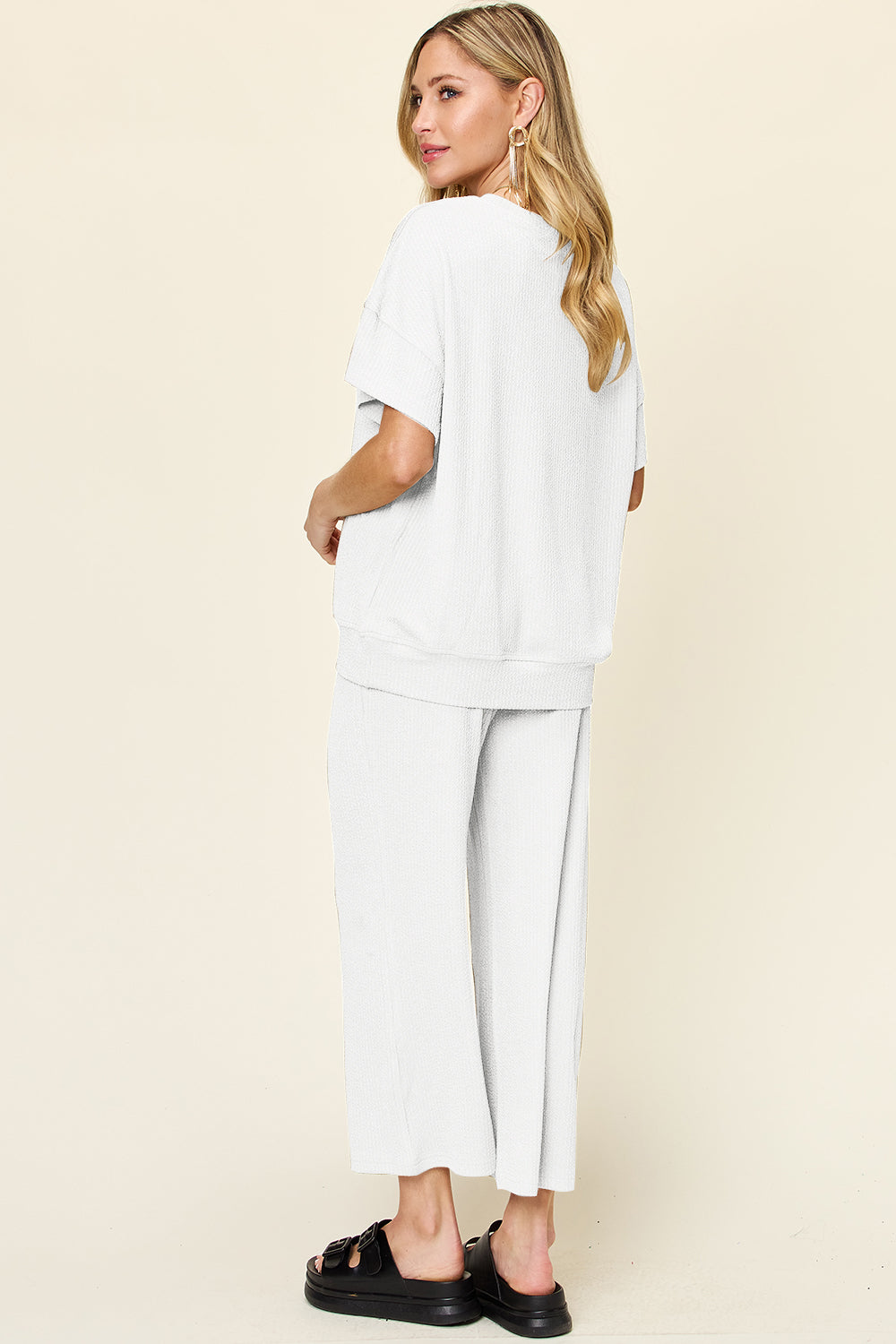 Double Take Women’s Full Size Texture Round Neck Short Sleeve T-Shirt and Wide Leg Pants Polyester Spandex Size S-3XL