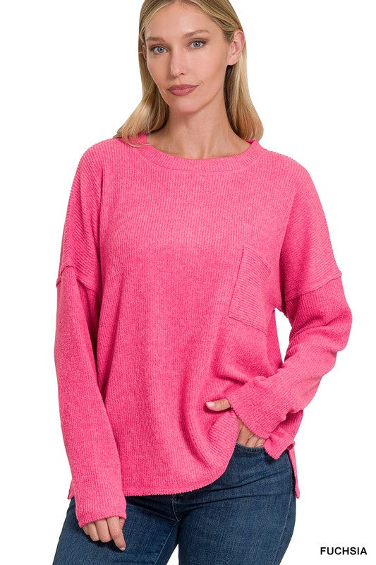 Zenana Ribbed Brushed Melange Hacci Sweater with a Pocket